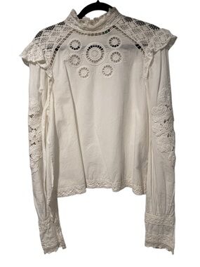 FARM Rio White Lace Yoke Embroidered High-Neck Blouse